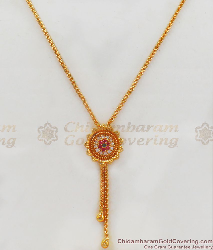 Flower Design Multi Color Stone Small Pendant Gold Short Chain SMDR694