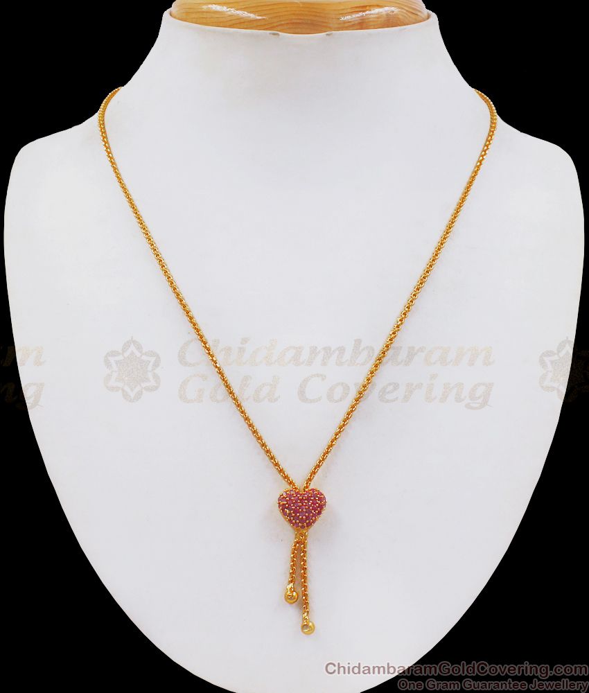 One Gram Gold Short Chain Ruby Stone Heart Design Pendant SMDR699