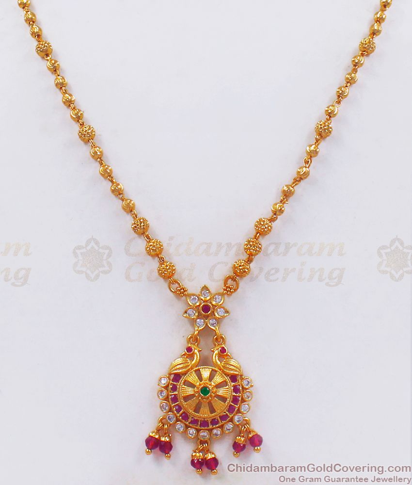 Traditional One Gram Gold Pendant Chain Multi Stone SMDR707