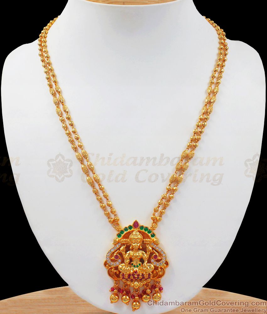 Goddess Lakshmi Ruby Emerald Stone Hanging Chain Pendant SMDR739