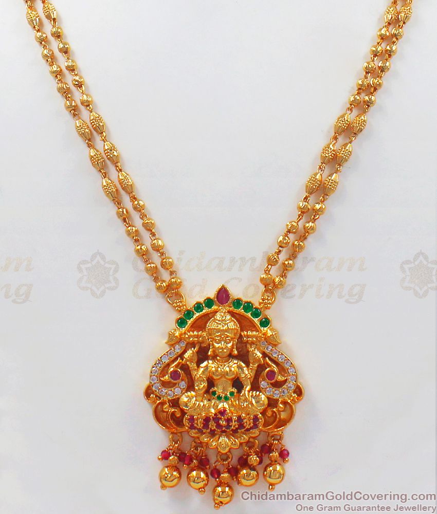 Goddess Lakshmi Ruby Emerald Stone Hanging Chain Pendant SMDR739