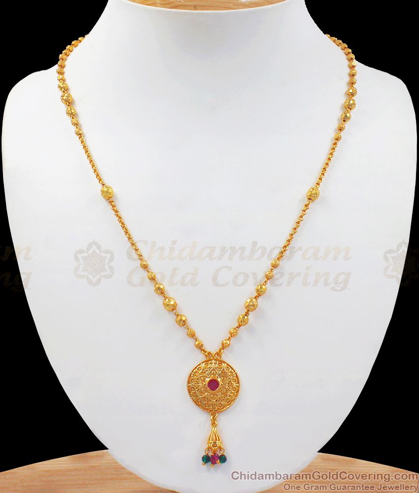 One Gram Gold Beaded Ruby Stone Pendant Chain SMDR743