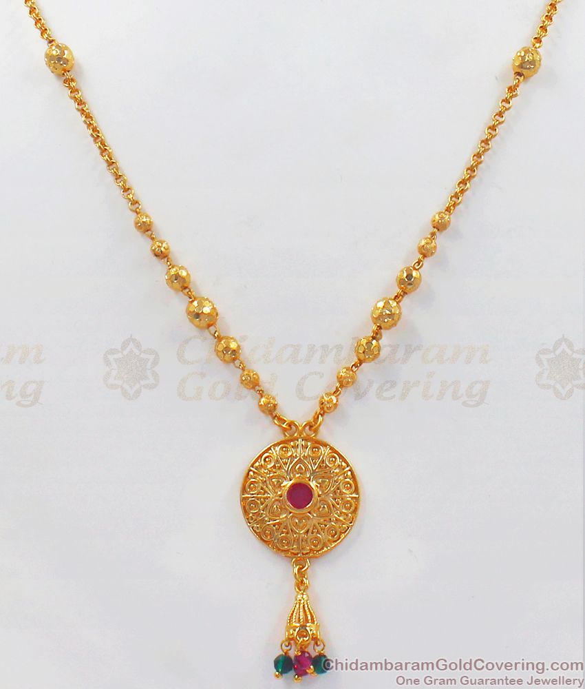 One Gram Gold Beaded Ruby Stone Pendant Chain SMDR743