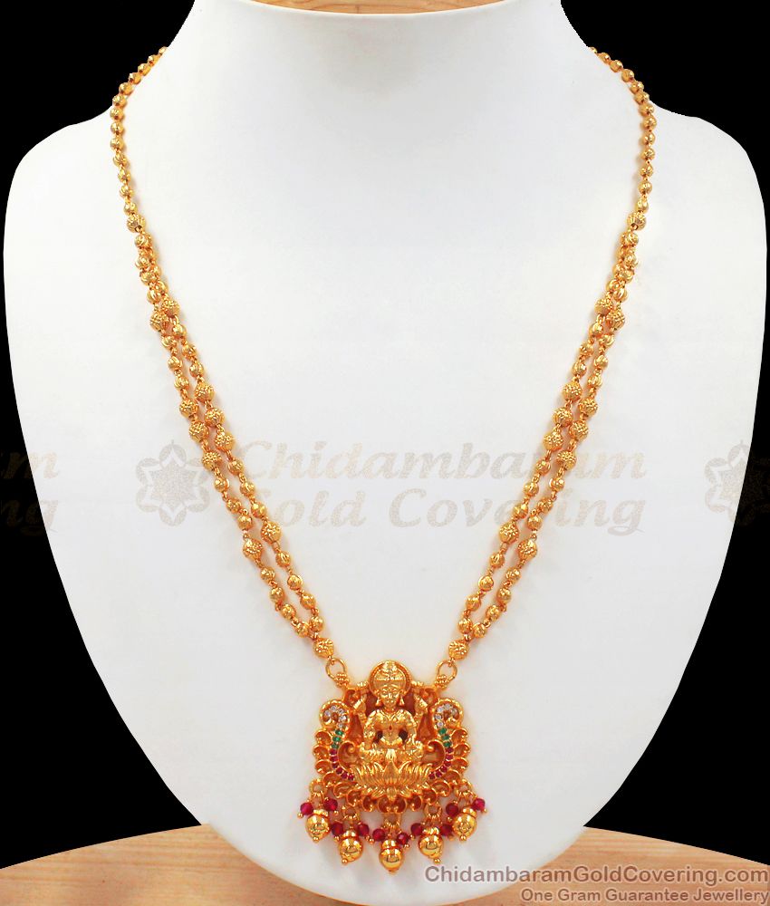 Traditional Lakshmi Devi Pendant Hanging Gold Beaded Chain SMDR747