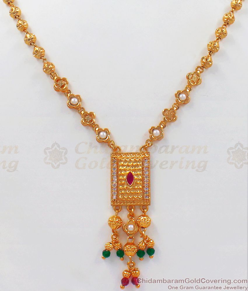 Stylish Multi Stone Rectangular Shaped Pendant Gold Chain SMDR748