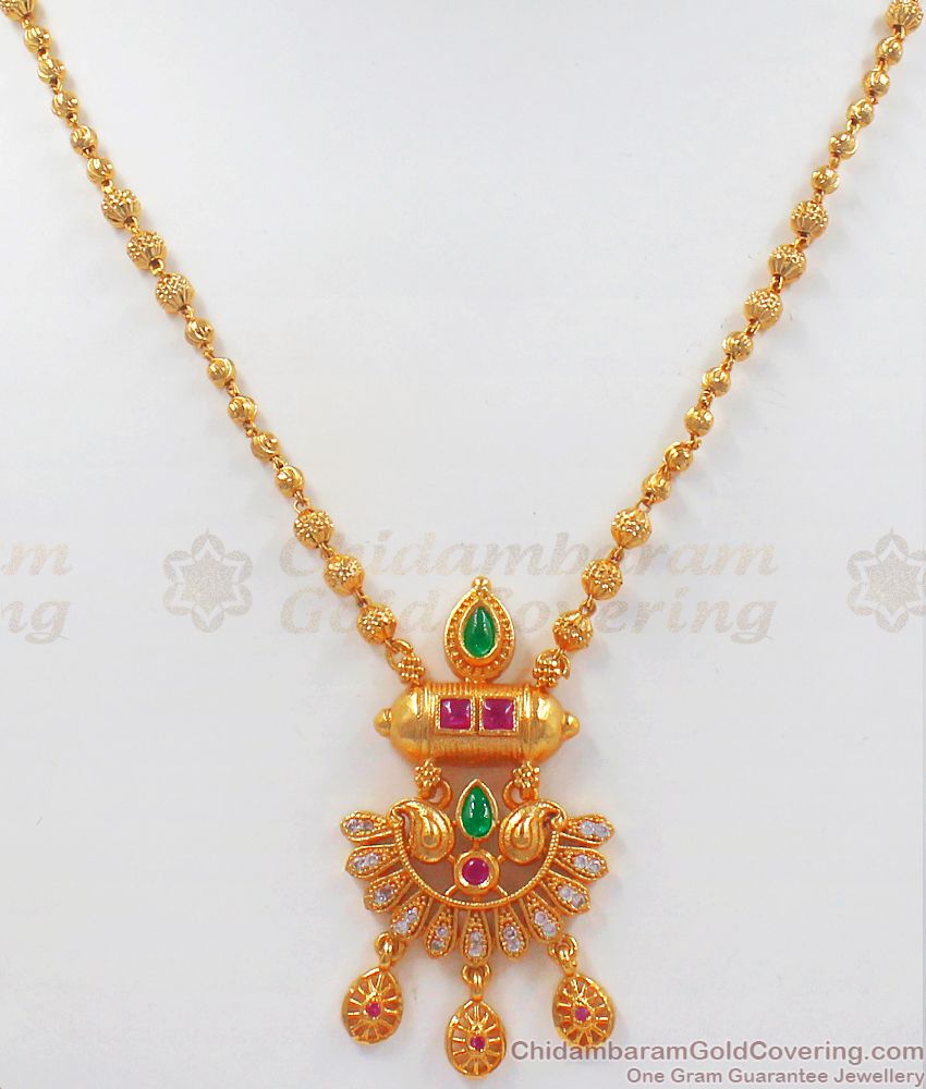 South Indian Traditional Multi Stone Pendant Gold Beaded Chain SMDR751