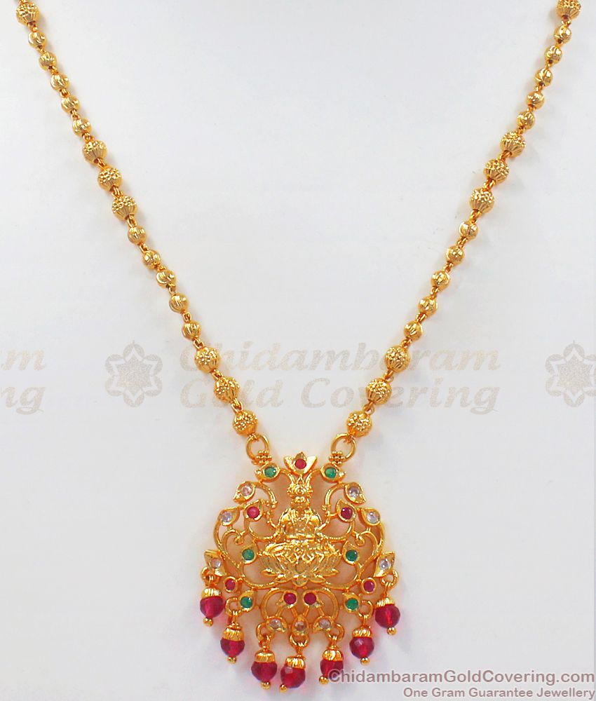 One Gram Gold Lakshmi Design Multi Stone Pendant Chain SMDR752