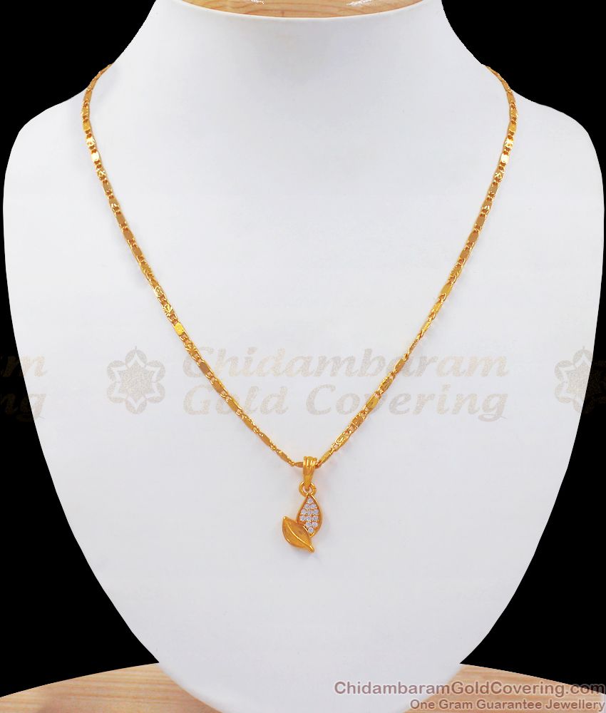 Dual Leaf Design Diamond Stone Gold Pendant Chain SMDR765
