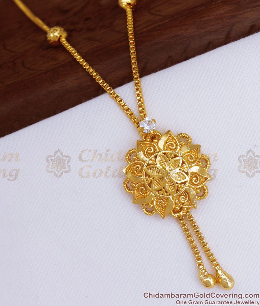 1 Gram Gold Pendant Chain White Stone Floral Design SMDR833