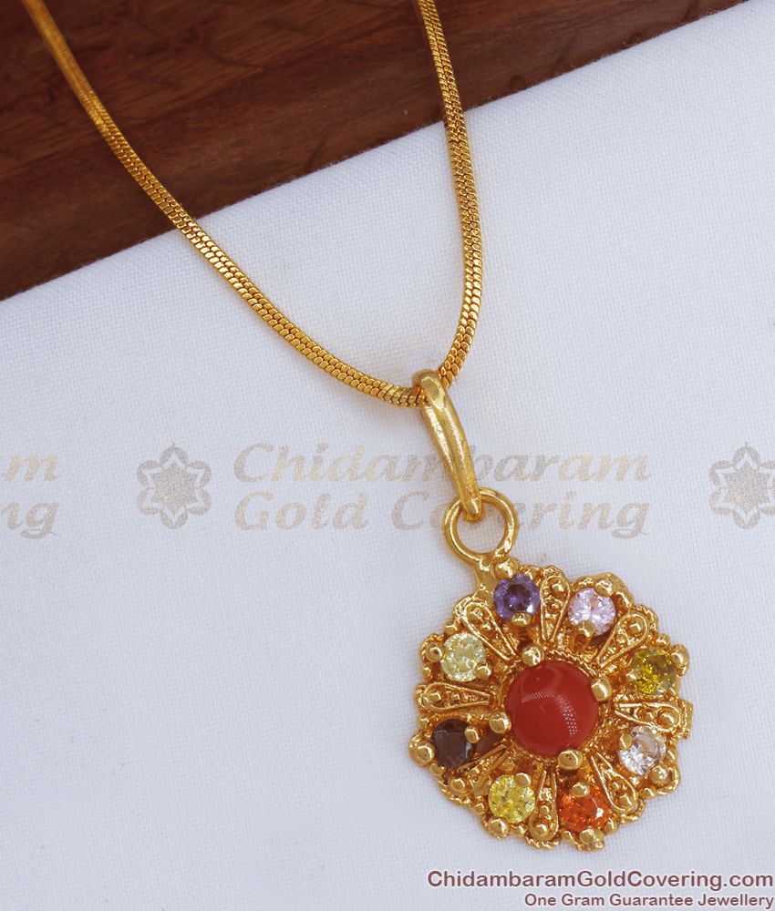 Navaratnam Stone Gold Plated Pendant Chain Traditional Wear SMDR843 Navaratnam Stone Gold Plated Pendant Chain Traditional Wear SMDR843