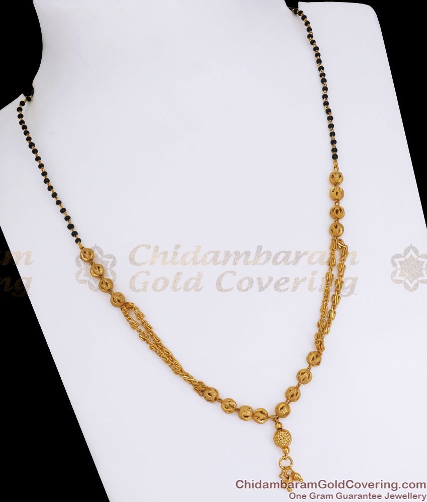 Two Line Black Beaded Gold Mangalsutra Designer Thali Chain SMDR849