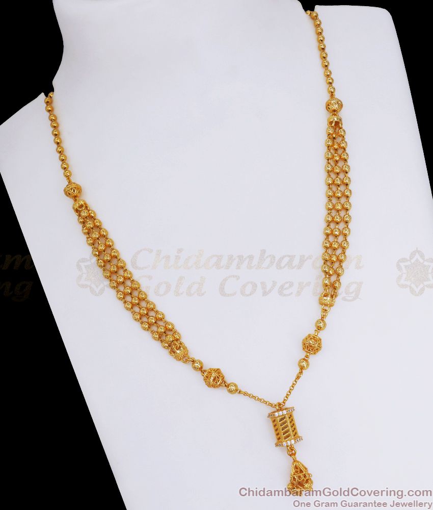 One Gram Gold Plain Beads Triple Layer Mangalsutra White Ad Stone SMDR851