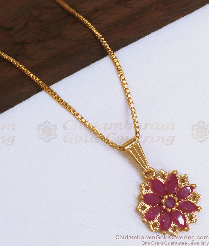 Full Ruby Stone Floral Gold Plated Pendant With Chain SMDR878