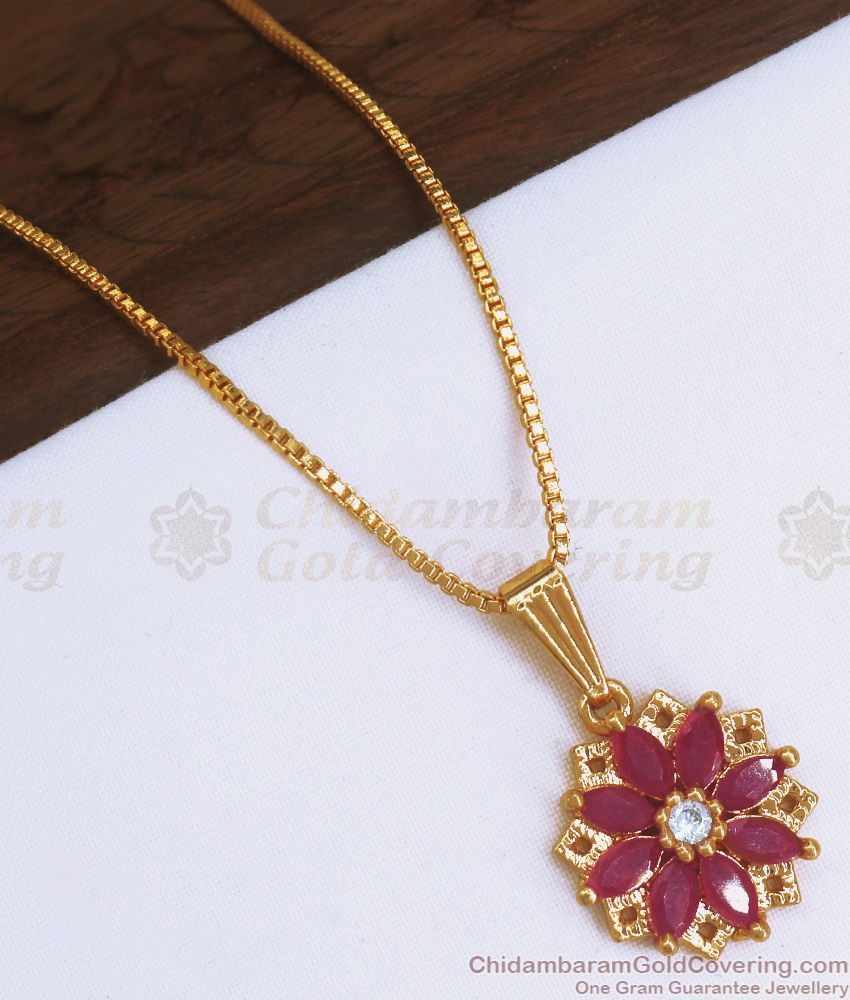  Office Wear One Gram Pendant Chain Ruby White Floral Design SMDR879