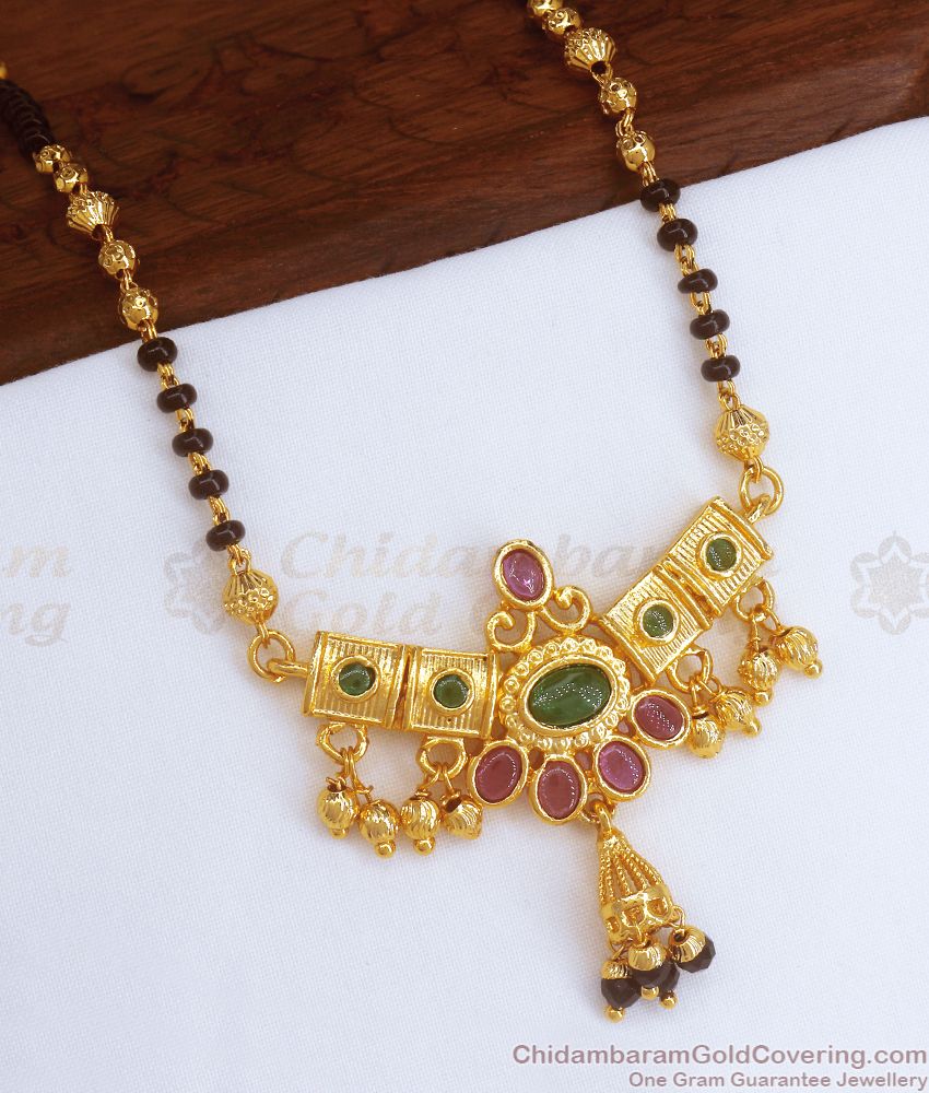 Traditional Kemp Stone Mangalsutra Pendant Chain Gold Plated Jewelry SMDR909