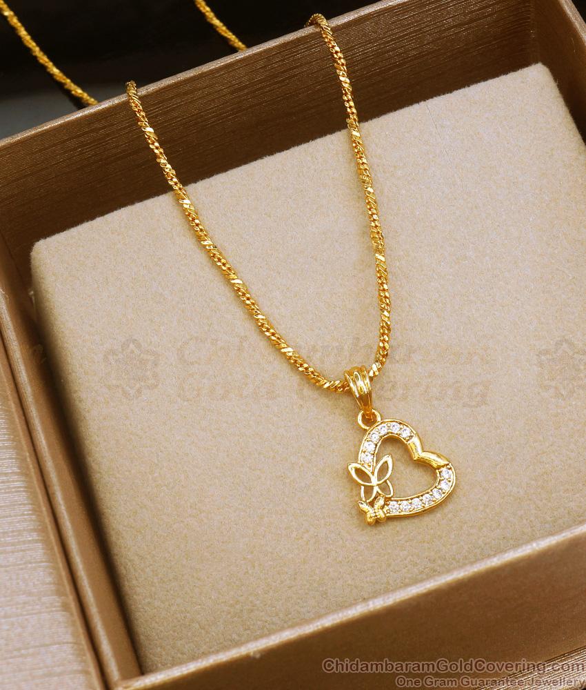 Heart Design White Stone Gold Plated Pendant Chain SMDR966