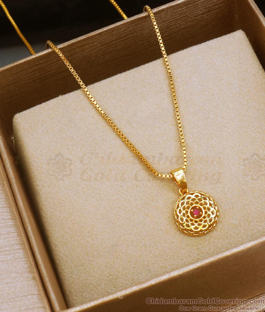 Single Ruby Stone Gold Imitation Round Pendant Chain Floral Arabic Design SMDR980