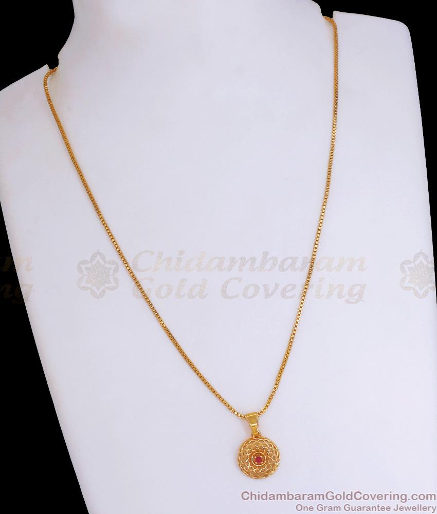Single Ruby Stone Gold Imitation Round Pendant Chain Floral Arabic Design SMDR980