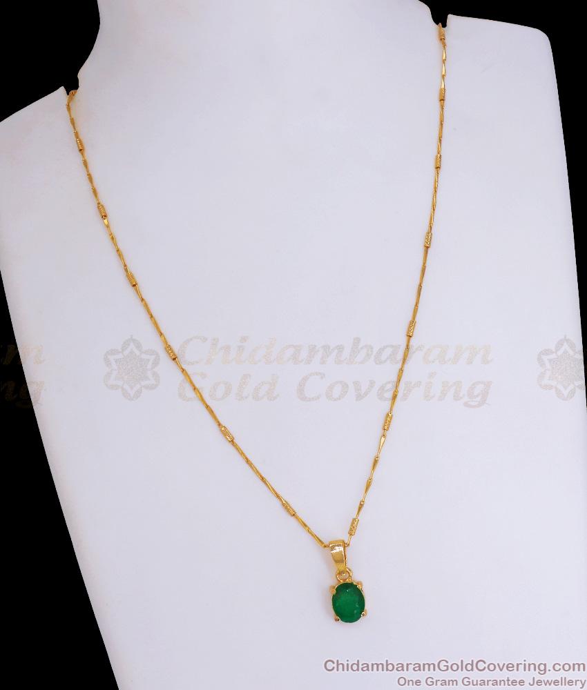 Emerald Green Lucky Stone Gold Pendant Chain Daily Wear Jewelry SMDR984