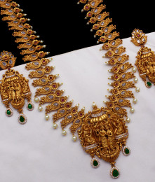 ANTQ1010 - First Quality Premium Antique Long Gold Haaram With Earrings ANTQ1010 - First Quality Premium Antique Long Gold Haaram With Earrings