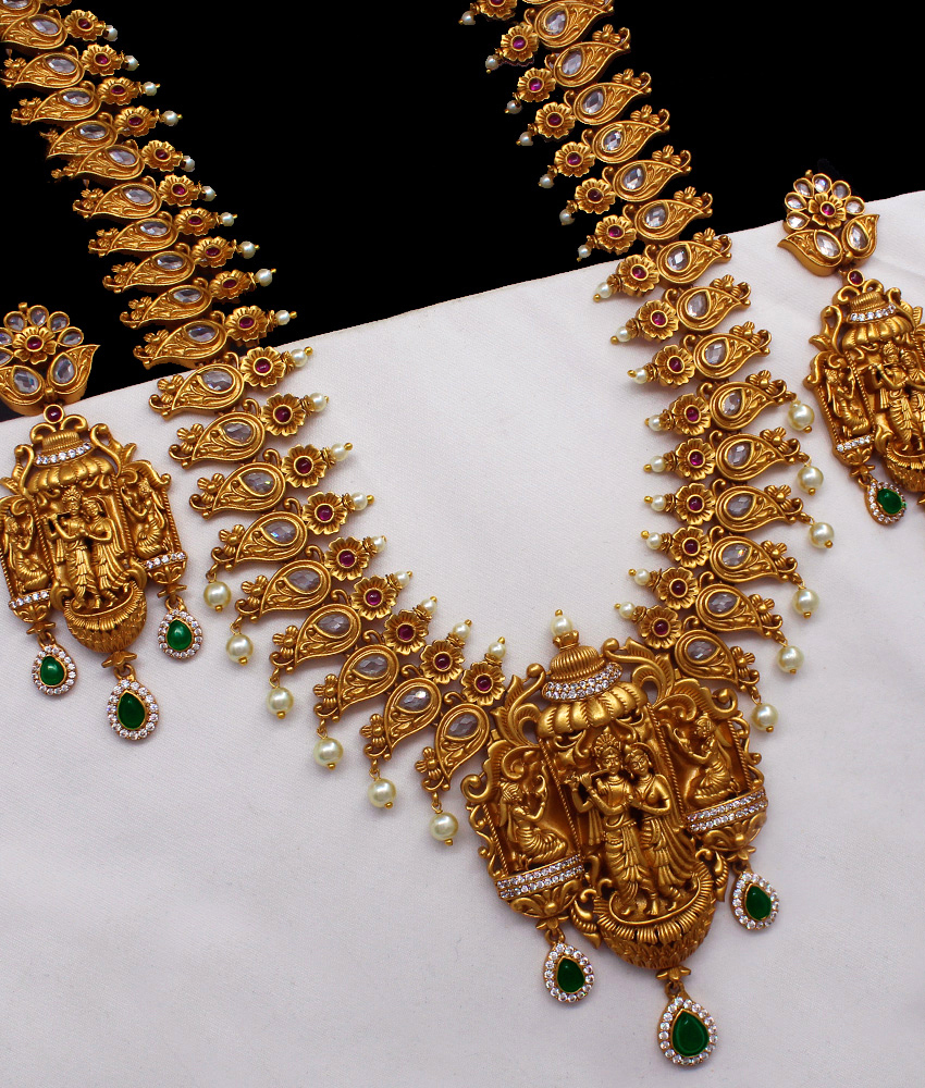 ANTQ1010 - First Quality Premium Antique Long Gold Haaram With Earrings