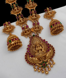 ANTQ1011 - Lakshmi Nagas Design Antique Long Gold Haaram With Earrings  ANTQ1011 - Lakshmi Nagas Design Antique Long Gold Haaram With Earrings