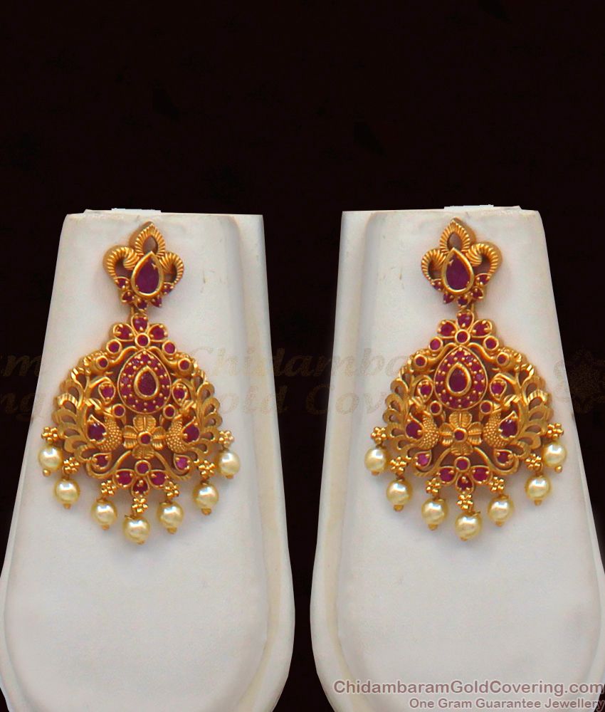 ANTQ1016 - Amazing Ruby Stone Antique Gold Haaram Earrings Set For Wedding 
