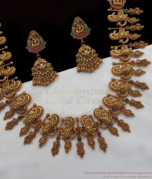 ANTQ1019 - Grand Lakshmi Nagas Design Antique Long Gold Haaram With Earrings ANTQ1019 - Grand Lakshmi Nagas Design Antique Long Gold Haaram With Earrings