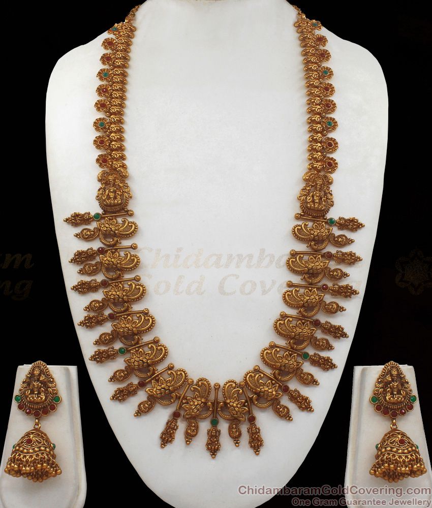 ANTQ1019 - Grand Lakshmi Nagas Design Antique Long Gold Haaram With Earrings
