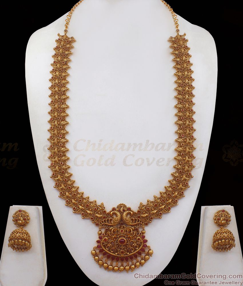 ANTQ1031 - Antique Haram Traditional Lakshmi Mango Design Long Necklace Earring Combo