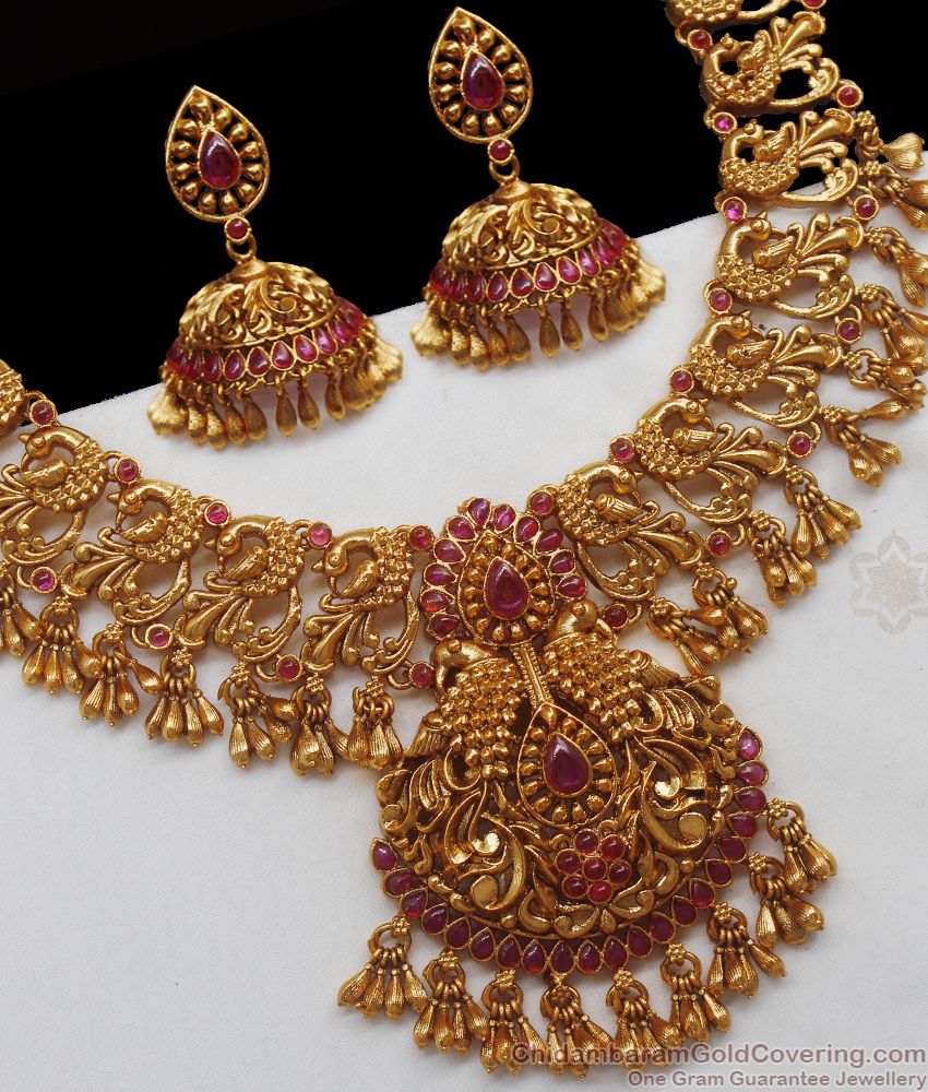 ANTQ1032 - Peacock Design Temple Jewelry Ruby Stone Haram Earring Combo