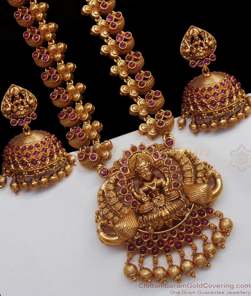 ANTQ1035 - Premium Antique Haram Mullai Poo Lakshmi Design Ruby Stone Necklace Earring Combo