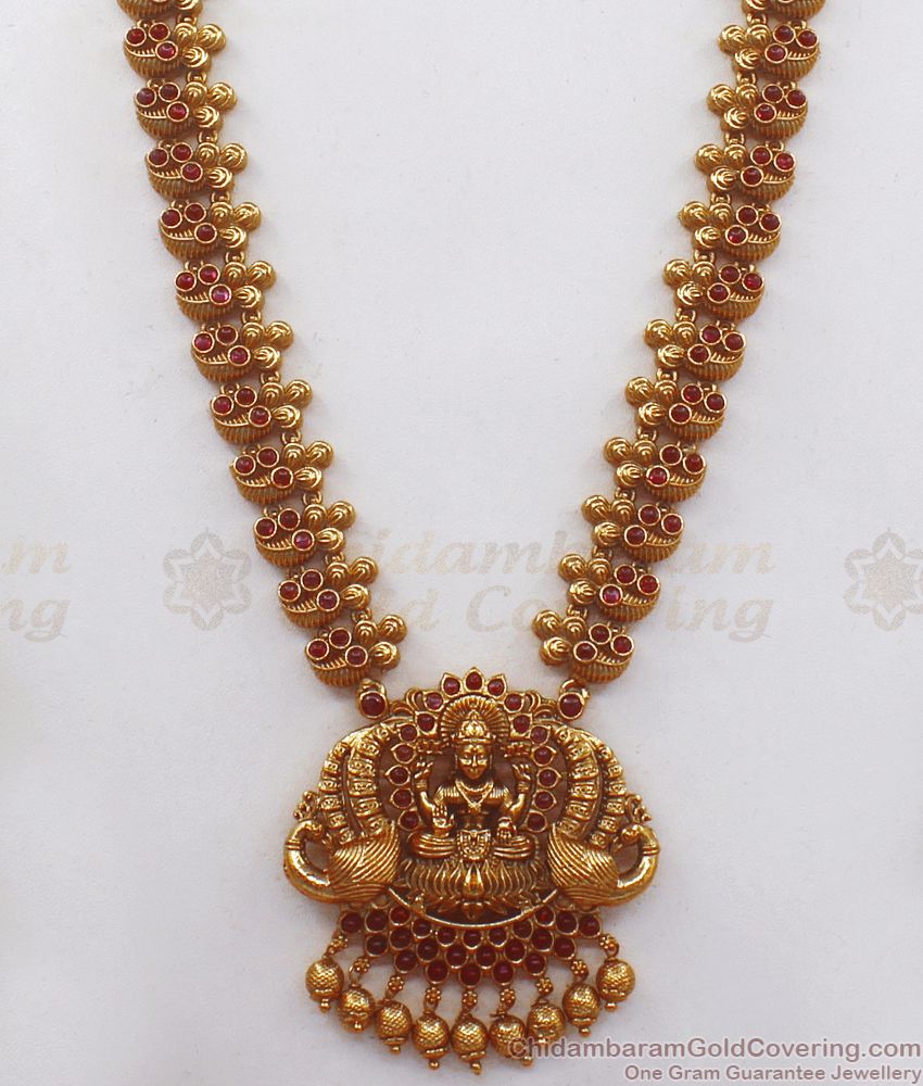 ANTQ1035 - Premium Antique Haram Mullai Poo Lakshmi Design Ruby Stone Necklace Earring Combo