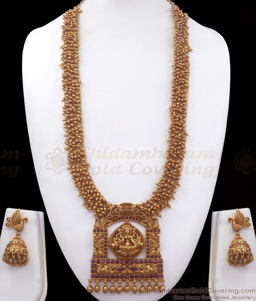 ANTQ1044 - Premium Matt Finish Grand Antique Long Gold Haaram For Bridal Wear