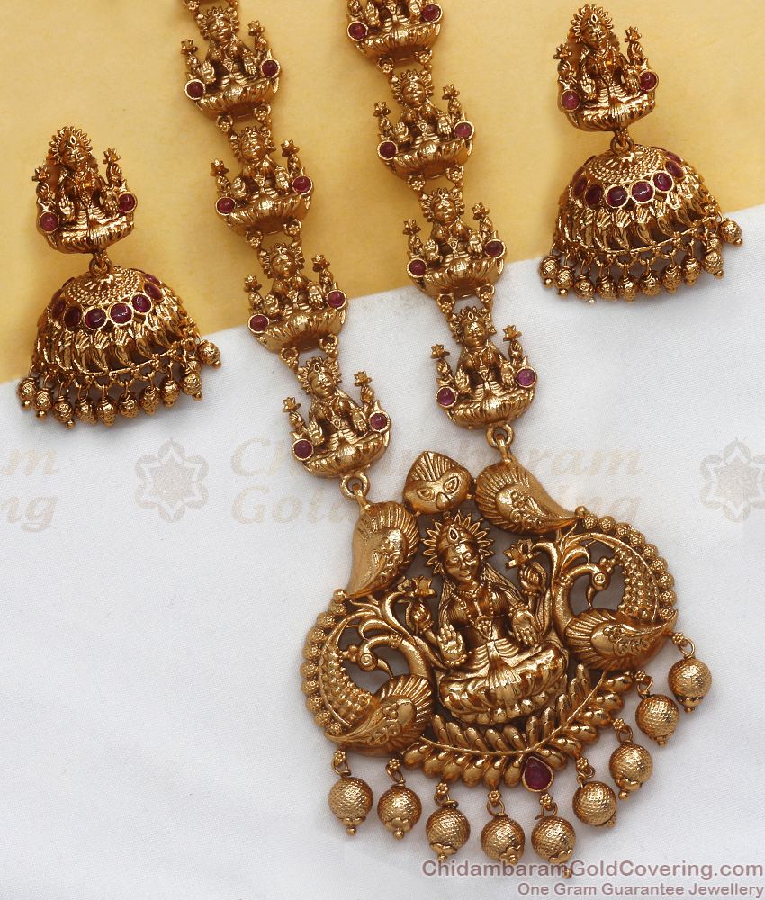 ANTQ1046 - Premium Kemp Stone Antique Haram Earring Bridal Set Lakshmi Combo