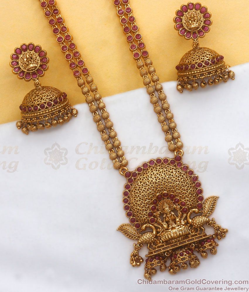 ANTQ1055 - Premium Antique Gold Pattern Lakshmi Haram Earring Combo Bridal Jewelry