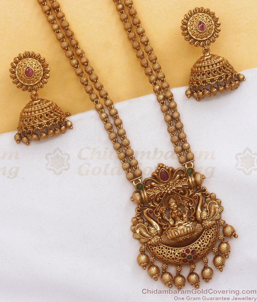 ANTQ1056 - Premium Nagas Antique Haram Earring Set Lakshmi Pattern Bridal Wear