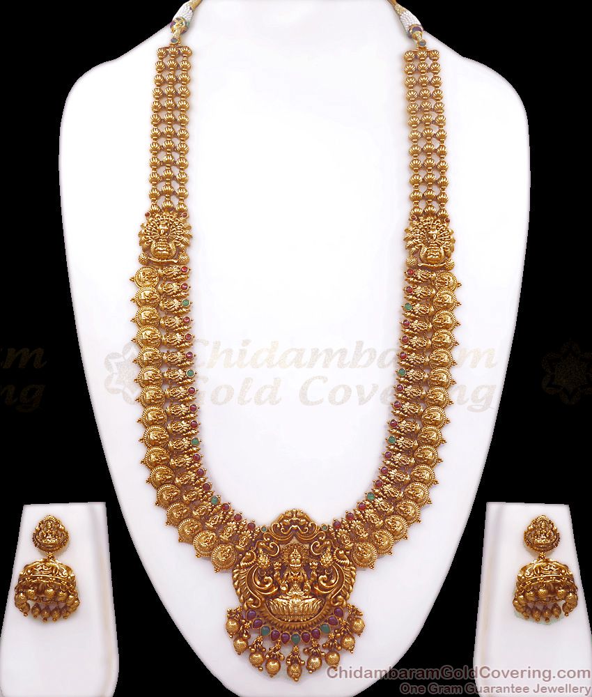 ANTQ1057 - Matt Finish Premium Antique Haram Earring Set Lakshmi Pattern Bridal Wear