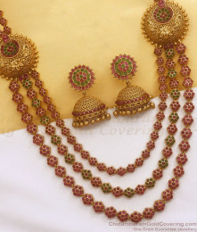 ANTQ1065 - Triple Line Kemp Stone Floral Antique Haram Earring Combo Set Temple Jewelry ANTQ1065 - Triple Line Kemp Stone Floral Antique Haram Earring Combo Set Temple Jewelry