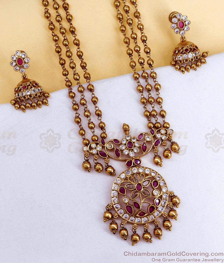ANTQ1066 South Indian Antique Gold Multi Strand Haram with Jhumkas