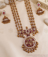 ANTQ1066 South Indian Antique Gold Multi Strand Haram with Jhumkas