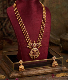 ANTQ1066 South Indian Antique Gold Multi Strand Haram with Jhumkas