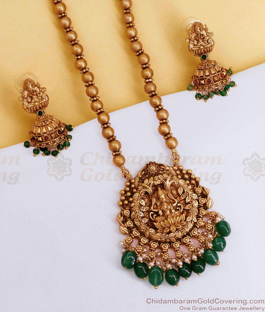 Antique Secondary Haram Lakshmi Design With Emerald Beads ANTQ1095 Antique Secondary Haram Lakshmi Design With Emerald Beads ANTQ1095