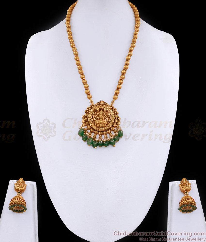 Antique Secondary Haram Lakshmi Design With Emerald Beads ANTQ1095 Antique Secondary Haram Lakshmi Design With Emerald Beads ANTQ1095