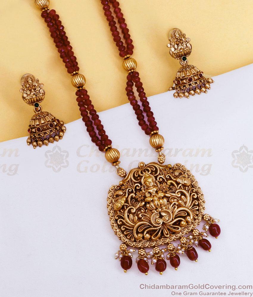 Goddess Lakshmi Antique Gold Haram Matte Finish With Ruby Beads ANTQ1097 Goddess Lakshmi Antique Gold Haram Matte Finish With Ruby Beads ANTQ1097