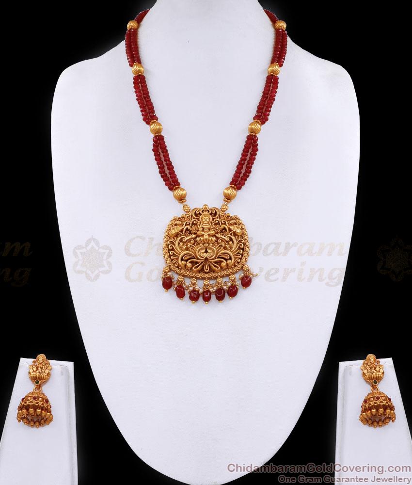 Goddess Lakshmi Antique Gold Haram Matte Finish With Ruby Beads ANTQ1097 Goddess Lakshmi Antique Gold Haram Matte Finish With Ruby Beads ANTQ1097