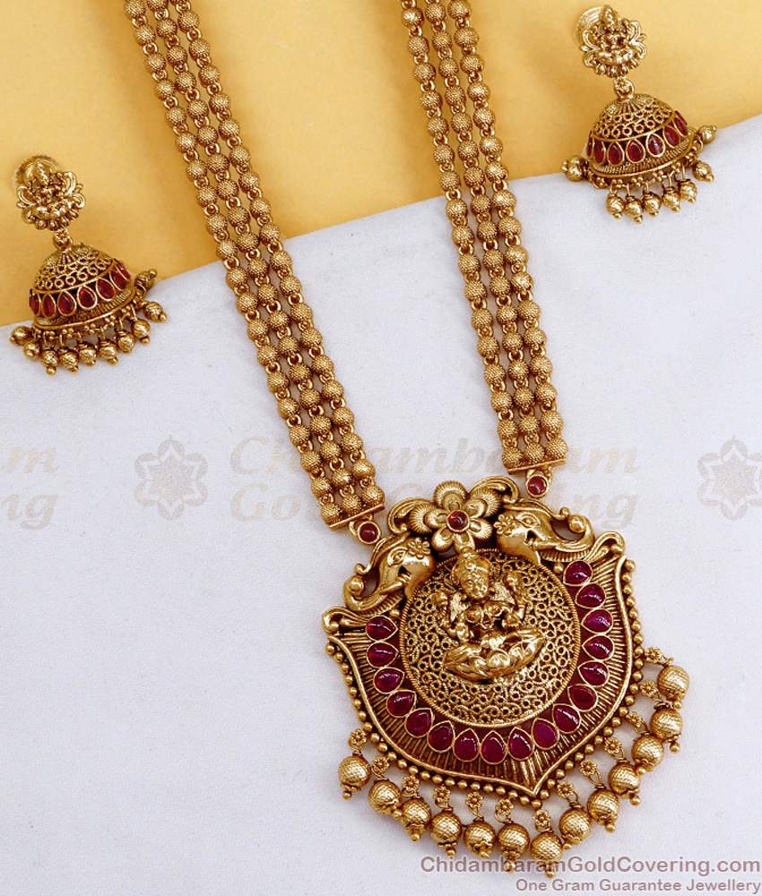 ANTQ1109 Beautiful Gajalakshmi Design Ruby Kemp Stone Antique Haram With Jhumkas ANTQ1109 Beautiful Gajalakshmi Design Ruby Kemp Stone Antique Haram With Jhumkas