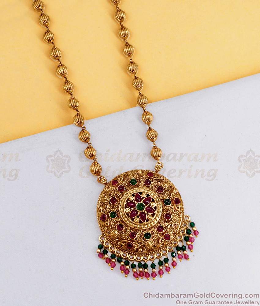ANTQ1110 22Kt Gold Antique Long Haram Round Pendant Design For Women ANTQ1110 22Kt Gold Antique Long Haram Round Pendant Design For Women