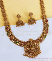 ANTQ1113 Grand Antique Gaja Lakshmi Design Ruby Green Stone Temple Haram Jhumka Set