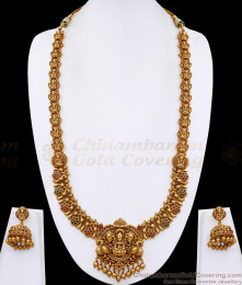 ANTQ1113 Grand Antique Gaja Lakshmi Design Ruby Green Stone Temple Haram Jhumka Set ANTQ1113 Grand Antique Gaja Lakshmi Design Ruby Green Stone Temple Haram Jhumka Set